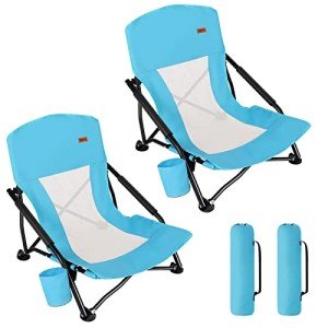 TOBTOS Low Beach Chair, Beach Chairs for Adults 2 Pack, Low Profile Folding Chair with Cup Holder & Carry Bag, Heavy Duty Chair for Outdoor Sand, Camping, Concert, Travel