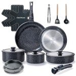 Chef Power Ceramic Nonstick Cookware Set 19 Piece with Detachable Handle, Induction Dishwasher Oven Safe Pans and Pots Set, RV Kitchen Set Removable Handle, Rock Stone Black