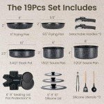 Chef Power Ceramic Nonstick Cookware Set 19 Piece with Detachable Handle, Induction Dishwasher Oven Safe Pans and Pots Set, RV Kitchen Set Removable Handle, Rock Stone Black