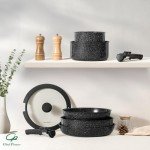 Chef Power Ceramic Nonstick Cookware Set 19 Piece with Detachable Handle, Induction Dishwasher Oven Safe Pans and Pots Set, RV Kitchen Set Removable Handle, Rock Stone Black