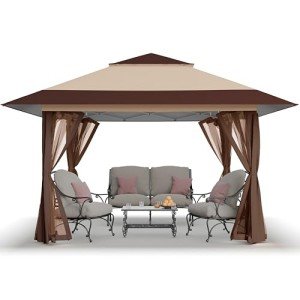 CROWN SHADES 13x13 Pop Up Gazebo, Canopy Tent, Gazebos on Clearance - Outdoor Gazebo for Backyard & Patio Furniture - Carpa Pop Up Tent with Wheeled STO-N-Go Cover Bag (Beige & Coffee)