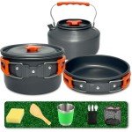 Amomb Camping Cookware Set, Non-Stick Lightweight Camping Pot and Pan Set with Stainless Steel Kettle Plates Spoon for Backpacking, Hiking, Outdoor Cooking and Picnic