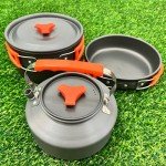Amomb Camping Cookware Set, Non-Stick Lightweight Camping Pot and Pan Set with Stainless Steel Kettle Plates Spoon for Backpacking, Hiking, Outdoor Cooking and Picnic