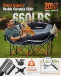 KingCamp Double Camping Chair XL Oversized for Adults, Folding Camping Loveseat for Outdoor Lawn Beach, 2 Person Portable Padded Camping Chair Heavy Duty 660LBS Support with Cup Holder, Black&Grey