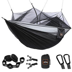 AnorTrek Camping Hammock with Mosquito Net, Double & Single Lightweight Portable Hammocks with Tree Straps, Parachute Hammock for Camping, Backpacking