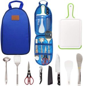 Camp Kitchen Utensil Organizer Travel Set Portable BBQ Camping Cookware Stainless Steel Utensils Travel Kit Outdoor Equipment Cutting Board Tongs Scissors Knife Ladle Spatula