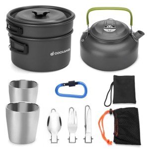 Odoland Camping Cookware Mess Kit, Lightweight Pot Pan Kettle with 2 Cups, Fork Spoon Kit Stainless Steel, gray for Backpacking, Outdoor Camping Hiking and Picnic
