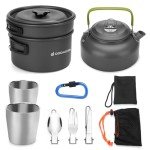 Odoland Camping Cookware Mess Kit, Lightweight Pot Pan Kettle with 2 Cups, Fork Spoon Kit Stainless Steel, gray for Backpacking, Outdoor Camping Hiking and Picnic