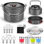 Odoland 22pcs Camping Cookware Mess Kit, Large Size Hanging Pot Pan Kettle with Base Cook Set for 4, Cups Dishes Forks Spoons Kit for Outdoor Camping Hiking Picnic