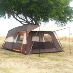 KTT Extra Large Tent 12 Person(A),Family Cabin Tents,2 Rooms,3 Doors and 3 Windows with Mesh,Straight Wall,Waterproof,Double Layer,Big Tents for Outdoor,Picnic,Camping,Family Gathering(Brown)