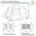 KTT Extra Large Tent 12 Person(A),Family Cabin Tents,2 Rooms,3 Doors and 3 Windows with Mesh,Straight Wall,Waterproof,Double Layer,Big Tents for Outdoor,Picnic,Camping,Family Gathering(Brown)
