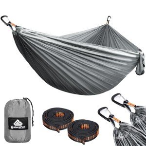 NATUREFUN Ultra-Light Travel Camping Hammock | 300kg Load Capacity,(300x200cm) Breathable,Quick-Drying Parachute Nylon | 2 x Premium Carabiners,2 x Nylon Slings Included | for Outdoor Indoor Garden