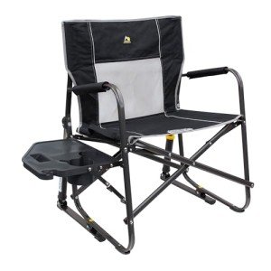 GCI OUTDOOR Freestyle Rocker XL with Side Table Camping Chair | Portable Folding Rocking Chair with Solid, Durable Armrests, Drink Holder & Comfortable Backrest — Black