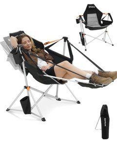 KingCamp Camping Chairs, Oversized Hammock Chairs, Folding Rocking Chairs, Aluminum Adjustable Back Swing Chair, Chair with Removable Footrest Pillow Cup Holder for Outdoor Beach Lawn (Black/Grey)