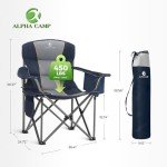 ALPHA CAMP Oversized Camping Folding Chair Heavy Duty with Cooler Bag Support 450 LBS Steel Frame Collapsible Padded Arm Quad Lumbar Back Chair Portable for Lawn Outdoor,Blue,2PC