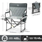 TIMBER RIDGE Heavy Duty Camping Chair with Compact Size, Portable Directors Chair with Side Table and Pocket for Camping, Lawn, Sports and Fishing, Supports Up to 400lbs, Grey