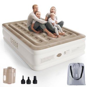 Sebor Air Mattress Queen with Built in Pump, 18" Ultimate Comfort Blow up Mattress Queen with Rechargeable Pump, Colchon Inflatable Mattress for Home, Guest, Camping & Office, Air Bed 650lbs Max
