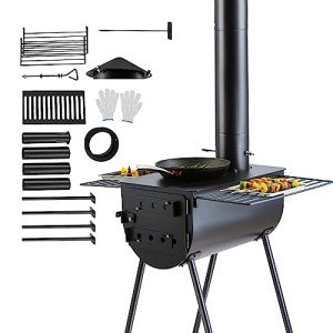 VEVOR 118" Camping Wood Stove, Portable Alloy Steel Tent Stove with 3000in³ Firebox, Outdoor Heating & Cooking Stove with Chimney Pipes & Gloves, Includes 8 Pipes for Efficient Heating