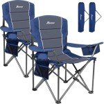 Romswi Oversized Folding Camping Chairs with Adjustable Arm Straps, 450lbs Weight Capacity, Padded Back, Cooler Bag & Side Pocket, Collapsible for Outdoor,Fishing & Garden, Blue,2-Pack