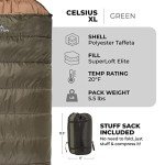 Teton Celsius XL +20F Sleeping Bag; Cold Weather Sleeping Bag; Great for Family Camping; Free Compression Sack, Green, Right Zip