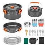 Fitense 22Pcs Camping Cookware Mess Kit for 2, Lightweight Camping Kitchen Pots and Pans Set, Portable Camping Essentials for Backpacking, Camping Cooking Hiking and Picnic