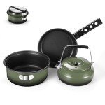Odoland 5pcs Camping Cookware Non-Stick Camping Pot and Pan Set with Kettle and Removable Handle for Hiking Backpacking and Picnic