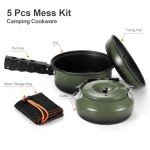 Odoland 5pcs Camping Cookware Non-Stick Camping Pot and Pan Set with Kettle and Removable Handle for Hiking Backpacking and Picnic