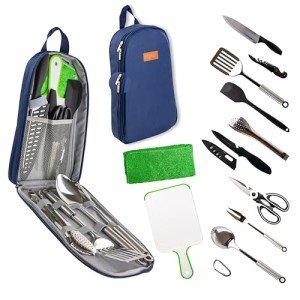 Life 2 Go 12 Pcs Camp Cooking Utensil Set & Outdoor Kitchen Gear Cookware Kit, Portable Compact Carry Case for Camping, Hiking, Travel, BBQ Grilling Stainless Steel Accessories Spoon & Fork, Navy