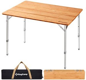 KingCamp Adjustable Height Folding Table, 4-Fold Bamboo Camping Outdoor Portable RV Camp Table with Carry Bag for Outdoor Car Backyard Picnic Tailgating Beach