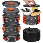 REDCAMP 14 PCS Camping Cookware Mess Kit Camping Gear Campfire Utensils Lightweight Stackable Pot Pan Bowls Soup Spoon with Storage Bag for Camping, Backpacking, Outdoor Cooking and Picnic, Orange