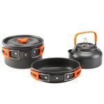 aiGear 3pcs Camping Cookware Mess Kit, Non-Stick Camping Pan Pot Kettle, Lightweight Aluminum, Collapsible Portable Camping Cooking Set for Outdoor Cooking Hiking Picnic, Orange (CC01OR05)