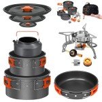 10 Pcs Smokey Camp Backpacking Cooking Set with Stove & Adapter - 2 Pots Large Medium 1 Kettle 1 Large Pan 1 Stove 2 Adpater, Compact Non-Stick Camping Cookware Mess Kit, All in One (with Kettle)