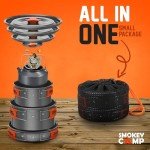 10 Pcs Smokey Camp Backpacking Cooking Set with Stove & Adapter - 2 Pots Large Medium 1 Kettle 1 Large Pan 1 Stove 2 Adpater, Compact Non-Stick Camping Cookware Mess Kit, All in One (with Kettle)