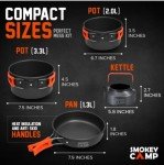 10 Pcs Smokey Camp Backpacking Cooking Set with Stove & Adapter - 2 Pots Large Medium 1 Kettle 1 Large Pan 1 Stove 2 Adpater, Compact Non-Stick Camping Cookware Mess Kit, All in One (with Kettle)