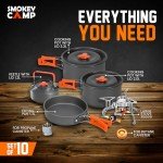 10 Pcs Smokey Camp Backpacking Cooking Set with Stove & Adapter - 2 Pots Large Medium 1 Kettle 1 Large Pan 1 Stove 2 Adpater, Compact Non-Stick Camping Cookware Mess Kit, All in One (with Kettle)