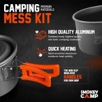 10 Pcs Smokey Camp Backpacking Cooking Set with Stove & Adapter - 2 Pots Large Medium 1 Kettle 1 Large Pan 1 Stove 2 Adpater, Compact Non-Stick Camping Cookware Mess Kit, All in One (with Kettle)