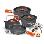 10 Pcs Smokey Camp Backpacking Cooking Set with Stove & Adapter - 2 Pots Large Medium 1 Kettle 1 Large Pan 1 Stove 2 Adpater, Compact Non-Stick Camping Cookware Mess Kit, All in One (with Kettle)