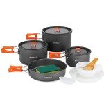 Odoland 15pcs Camping Cookware Non-Stick Lightweight Camping Pots and Pans Set with Plastic Plates Bowls Soup Spoon for Camping, Backpacking, Outdoor Cooking and Picnic