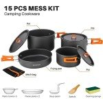 Odoland 15pcs Camping Cookware Non-Stick Lightweight Camping Pots and Pans Set with Plastic Plates Bowls Soup Spoon for Camping, Backpacking, Outdoor Cooking and Picnic