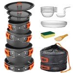 Odoland 15pcs Camping Cookware Non-Stick Lightweight Camping Pots and Pans Set with Plastic Plates Bowls Soup Spoon for Camping, Backpacking, Outdoor Cooking and Picnic