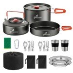 Sportneer Camping Cookware, Non-Stick Lightweight Pots Pan Set with Stainless Steel Cups Plates Forks Knives Spoons for Camping, Backpacking, Outdoor Cooking and Picnic