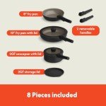 bella 8 Piece Removable Handle Cookware Set, Fits-anywhere™ Kitchenware w EverGood™ Ceramic Nonstick Coating​, Dishwasher & Oven Safe, All Stovetops Compatible, Glass Lids with Silicone Rims, Black