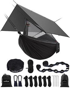 Sunyear Hammock Camping with Rain Fly Tarp and Net, Portable Camping Hammock Double Tree Hammock Outdoor Indoor Backpacking Travel & Survival, 2 Tree Straps,100% Waterproof Black Bundle