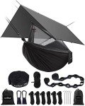 Sunyear Hammock Camping with Rain Fly Tarp and Net, Portable Camping Hammock Double Tree Hammock Outdoor Indoor Backpacking Travel & Survival, 2 Tree Straps,100% Waterproof Black Bundle