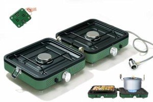 2025 Update Portable 2 Burner Propane Camping Stove with Barbecue Plate - 17200 BTU High Output, Two Adjustable Burners, Easy Carrying Handle & Inlet Gas Pipe (GREEN)