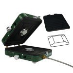 2025 Update Portable 2 Burner Propane Camping Stove with Barbecue Plate - 17200 BTU High Output, Two Adjustable Burners, Easy Carrying Handle & Inlet Gas Pipe (GREEN)