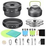 G4Free 19PCS Camping Cookware Mess Kit Non-Stick Pot and Pan Set with Kettle Stainless Steel Cups Plates Forks Knives Spoons Lightweight for Hiking Backpacking Cooking Picnic
