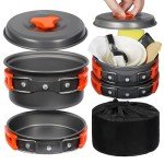 REDCAMP 10 PCS Camping Cookware Mess Kit Camping Gear Campfire Utensils Lightweight Stackable Pot Pan Bowls Soup Spoon with Storage Bag for Camping, Backpacking, Outdoor Cooking and Picnic, Orange