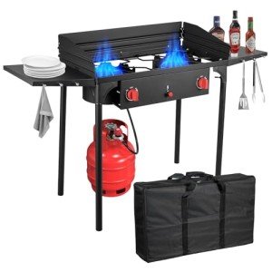 Bestfire 2 Burner Gamping Stove with Windpanel& Side Shelves, Bag, Auto Ignition Button,Regulator,150,000 BTU Camping Stove Propane Burner for Outdoor BBQ&Backyard Cooking Camping Home