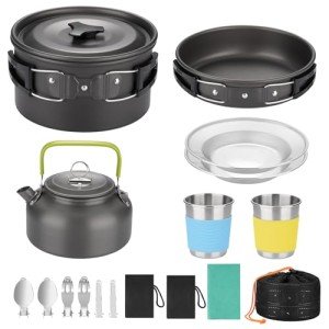 Camping Cooking Set 17pcs, Camping Cookware with Aluminum Non-Stick Pot Pan Kettle Set and 2 Set Stainless Steel Cups Plates Forks Knives Spoons for Backpacking Hiking, Camping Cooking